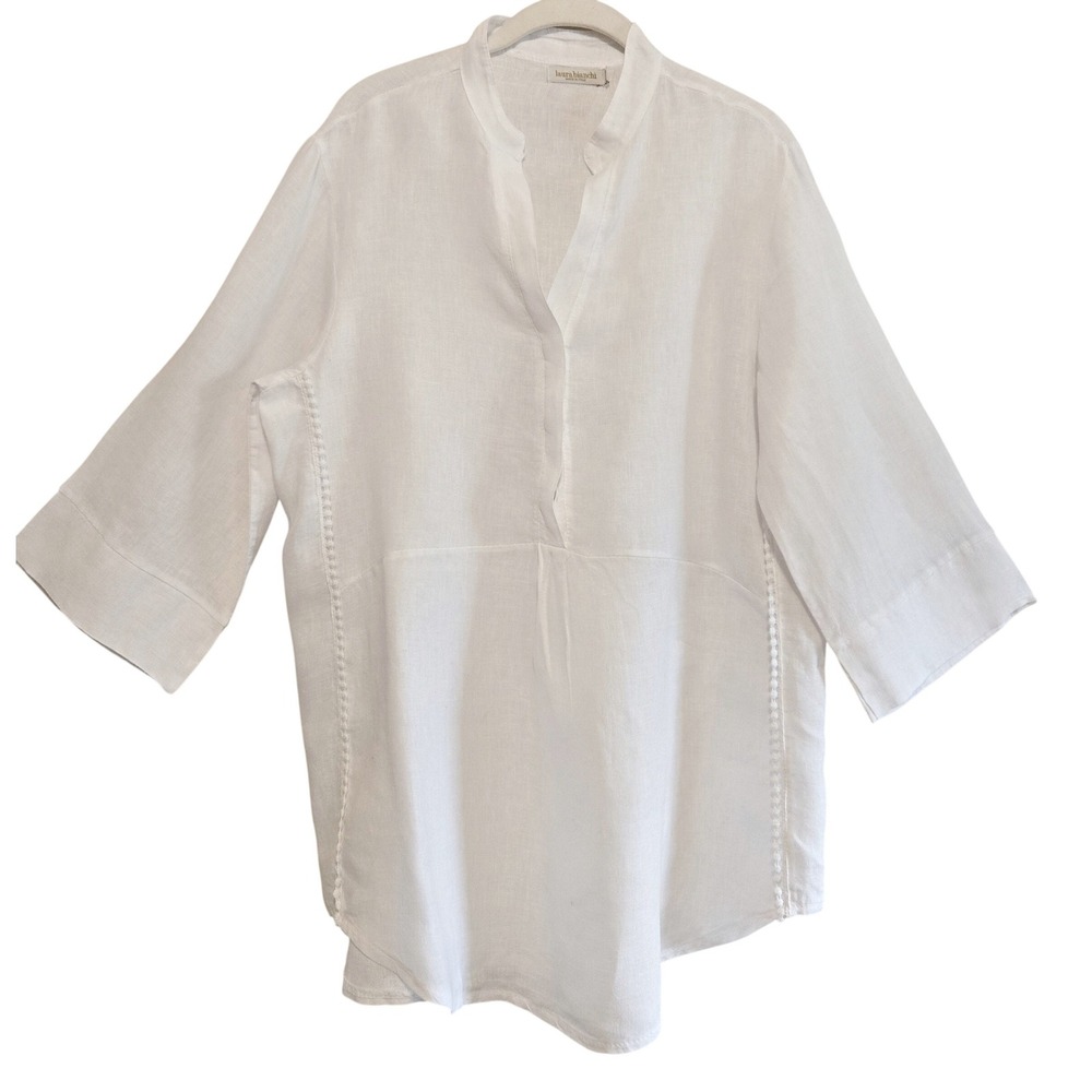 Laura Bianchi Italy White Linen Tunic Top Split Neck 3/4 Sleeve Pom Trim Medium